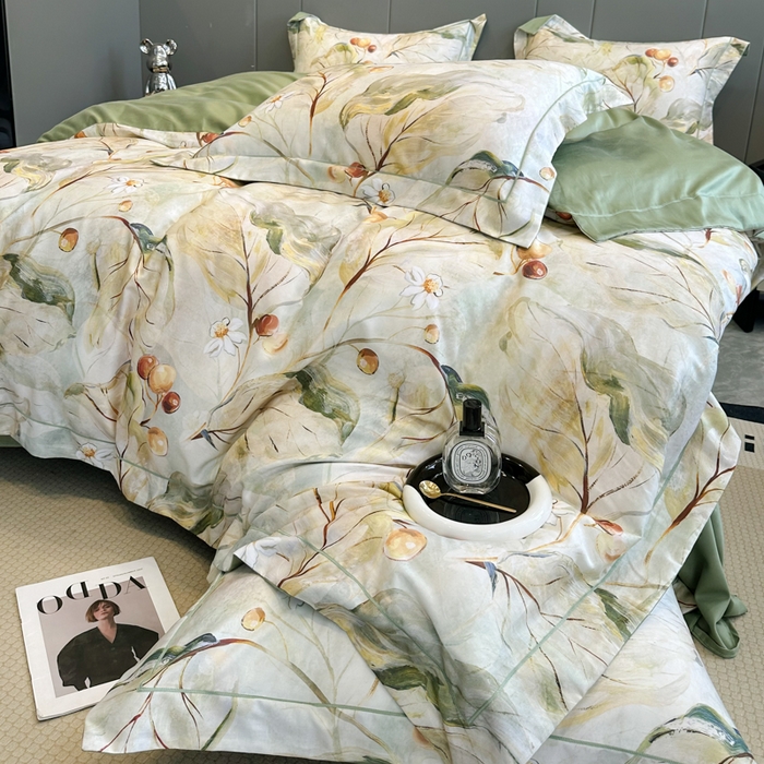 91家纺网 家纺一手货源 找家纺 舒慕 2025新款阳绒天丝棉磨毛数码印花缇芙绒四件套 盛夏果实