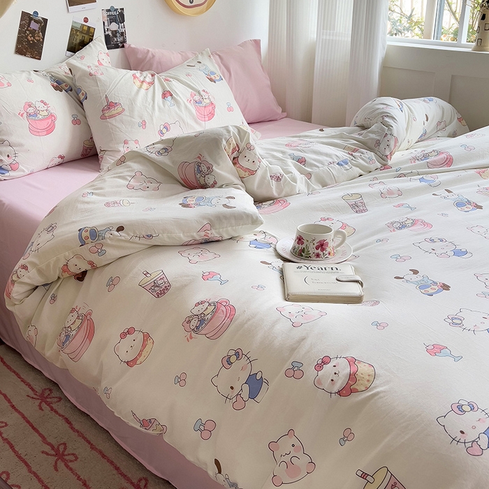 91家纺网 家纺一手货源 找家纺 星巴k家纺 2024新款A类超柔水洗棉印花四件套 奶猫