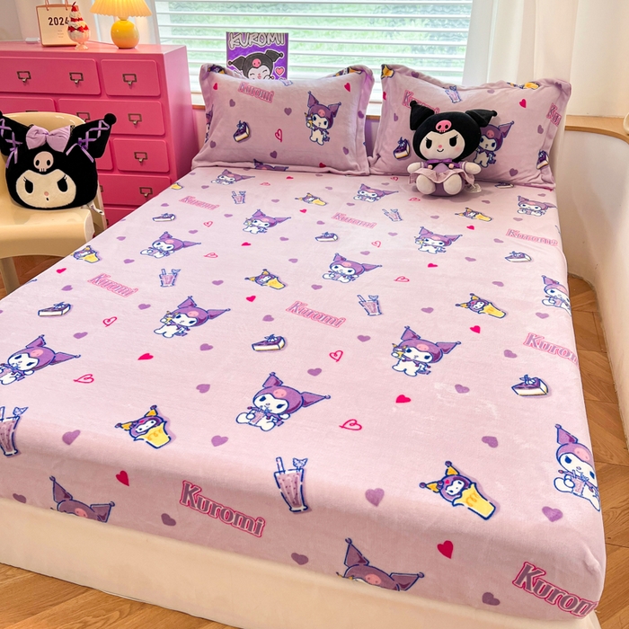 91家纺网 家纺一手货源 找家纺 暮思家居 2024新款三丽鸥正版授权高克重加厚保暖牛奶绒床笠三件套 绒A版-甜心库洛米