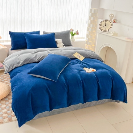 91家纺网 家纺一手货源 找家纺 言熙居 2024新款纯色双拼30克8一9斤牛奶绒四件套 亮蓝拼浅灰