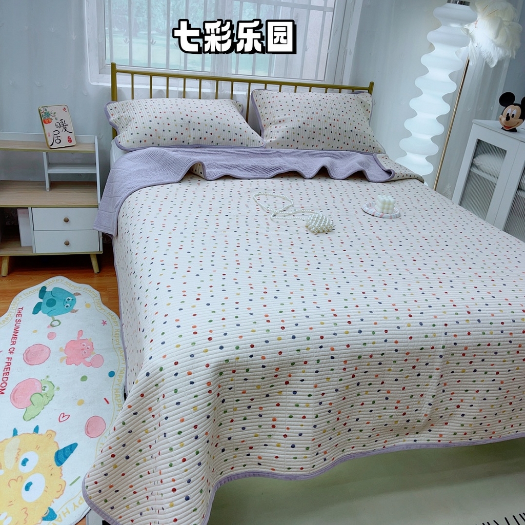 91家纺网 家纺一手货源 找家纺 2024新款棉加绒双面两用四季款床盖三件套 七彩乐园