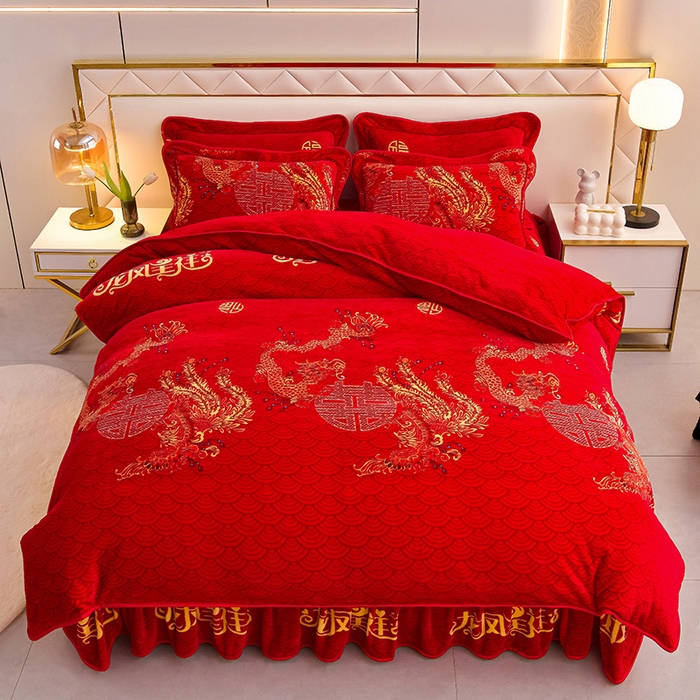 91家纺网 家纺一手货源 找家纺 绒品荟家纺 2025新款牛奶绒四件套 龙凤呈祥