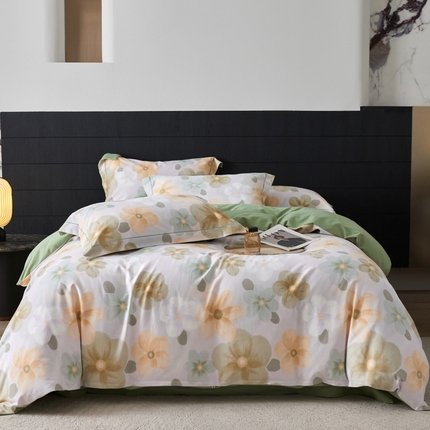 91家纺网 家纺一手货源 找家纺 2025新款全棉加厚生态磨毛印花四件套-基础款向阳花开-绿