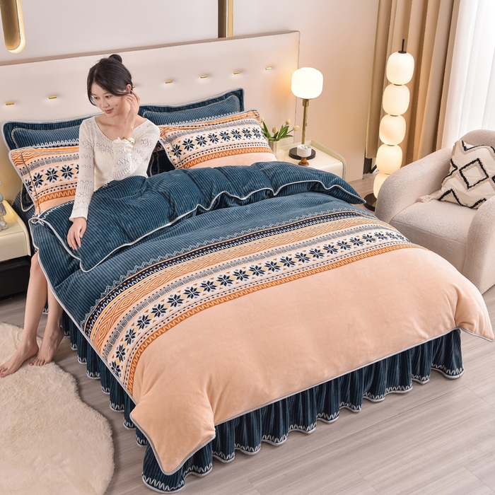 91家纺网 家纺一手货源 找家纺 晚静家纺 2024新款8.5斤牛奶绒金貂法莱绒床裙款保暖绒四件套 北欧海岸