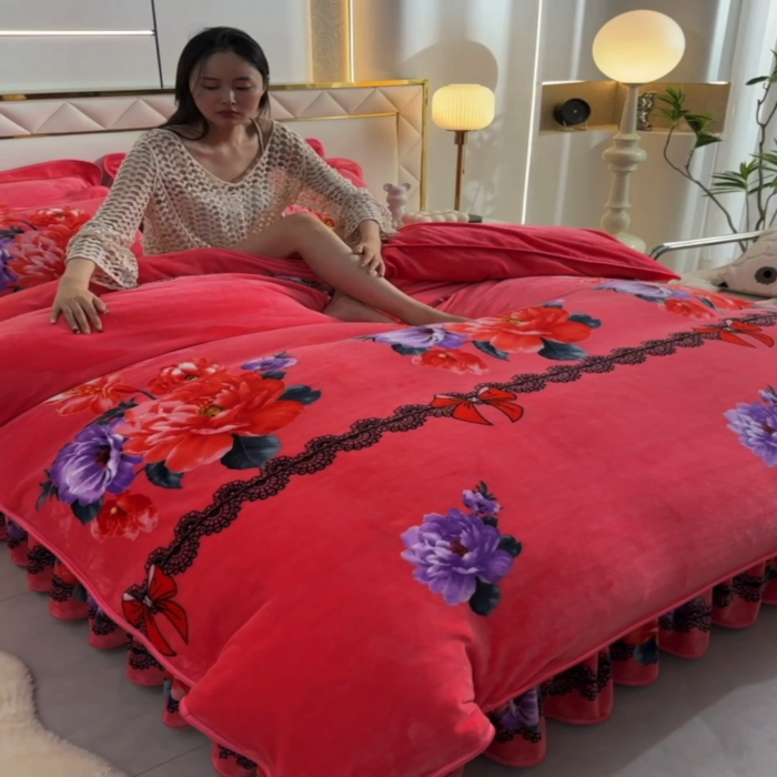 91家纺网 家纺一手货源 找家纺 绒品荟家纺 2025新款牛奶绒四件套 曼妙花语