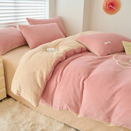 晨曦 2024秋冬新品ins简约风牛奶绒双拼四件套 烂漫豆沙