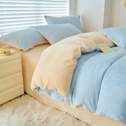 晨曦 2024秋冬新品ins简约风牛奶绒双拼四件套 奶油蓝拼黄