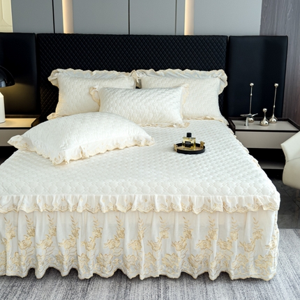 91家纺网 家纺一手货源 找家纺 （总）花香四季 2024新款宝宝绒加厚保暖绒夹棉床裙三件套纯色套件刺绣公主风