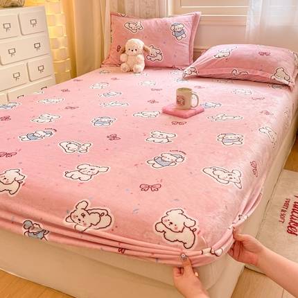 川悦生活 2024新款加厚牛奶绒印花单床笠 床笠点点奶狗