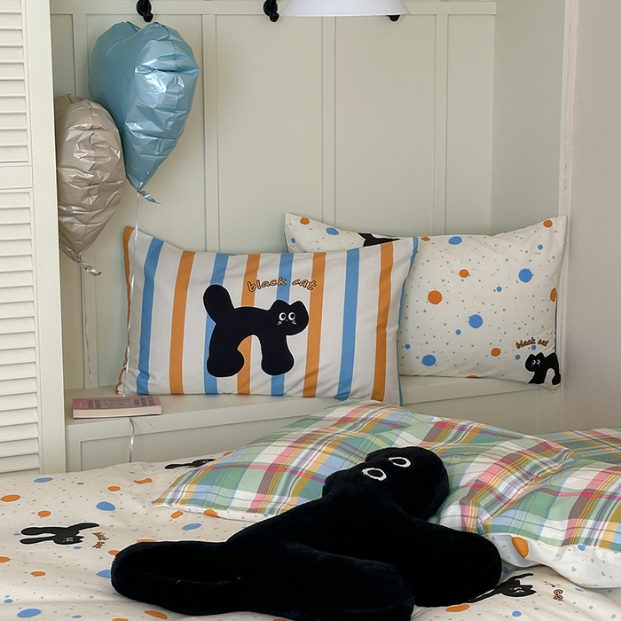 91家纺网 家纺一手货源 找家纺 2024新款40支13372全棉数码大版趣味系列四件套 波点黑猫