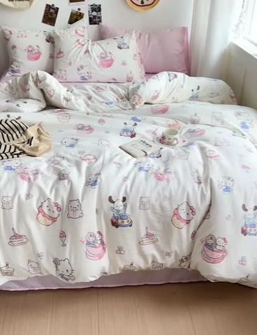 91家纺网 家纺一手货源 找家纺 星巴k家纺 2024新款A类超柔水洗棉印花四件套 奶猫