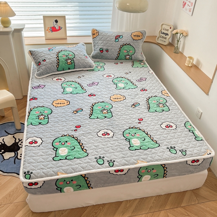 91家纺网 家纺一手货源 找家纺 孩子王 2024新款印花牛奶绒薄款床垫加厚绒保暖床护垫床笠 床笠款-萌萌恐龙