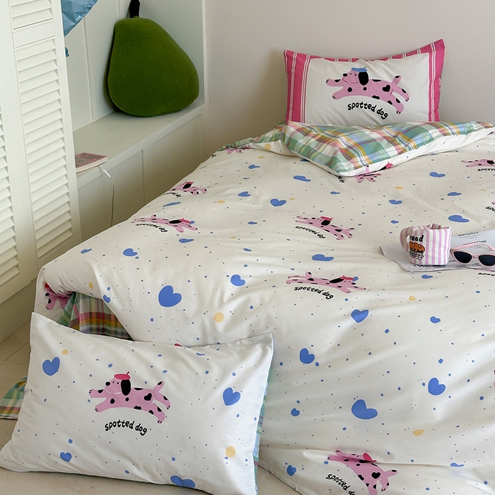 91家纺网 家纺一手货源 找家纺 2024新款40支13372全棉数码大版趣味系列四件套 跳跃狗狗