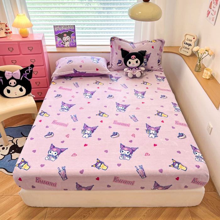 91家纺网 家纺一手货源 找家纺 暮思家居 2024新款三丽鸥正版授权高克重加厚保暖牛奶绒床笠三件套 绒A版-甜心库洛米