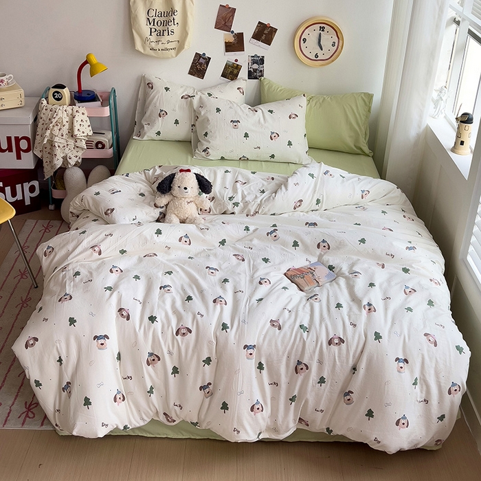 91家纺网 家纺一手货源 找家纺 星巴k家纺 2024新款A类超柔水洗棉印花四件套 森林小狗