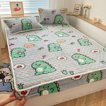 孩子王 2024新款印花牛奶绒薄款床垫加厚绒保暖床护垫床笠 床笠款-萌萌恐龙