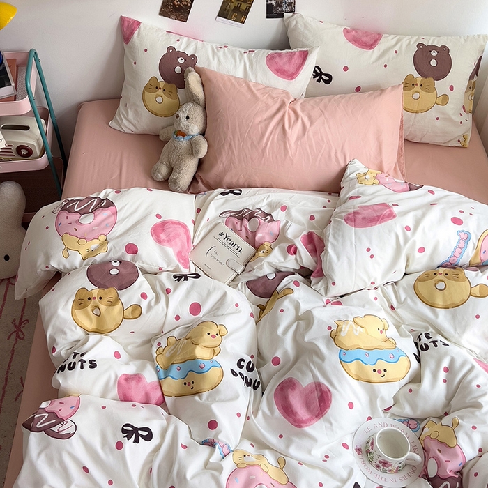 91家纺网 家纺一手货源 找家纺 星巴k家纺 2024新款A类超柔水洗棉印花四件套 微笑甜甜圈