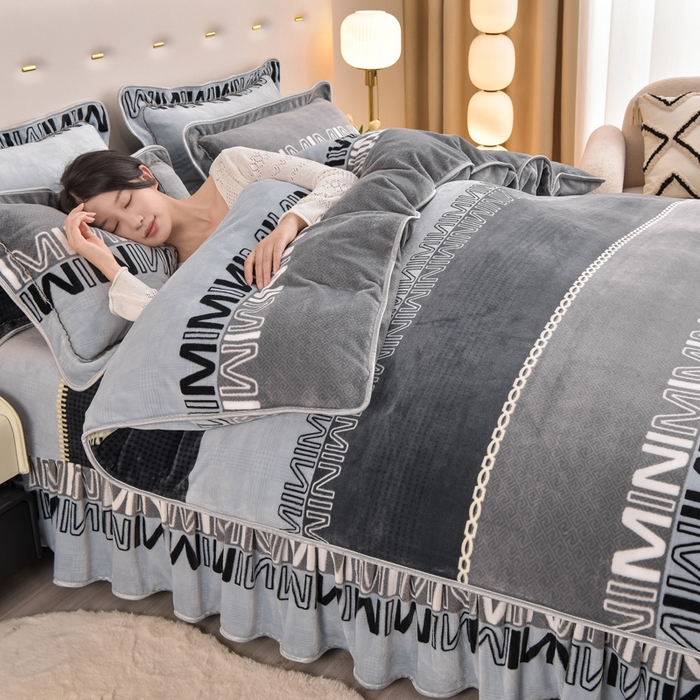 91家纺网 家纺一手货源 找家纺 晚静家纺 2024新款8.5斤牛奶绒金貂法莱绒床裙款保暖绒四件套 迷你MINI