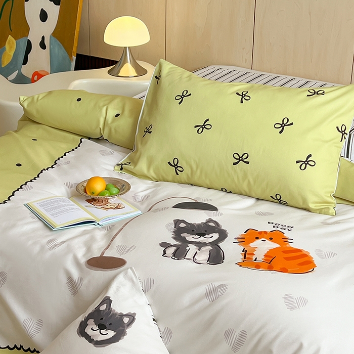 91家纺网 家纺一手货源 找家纺 2024新款40S设计师款全棉大版趣味印花系列四件套 美好生活