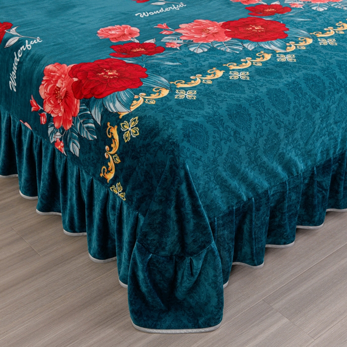 91家纺网 家纺一手货源 找家纺 晚静家纺 2024新款8.5斤牛奶绒金貂法莱绒床裙款保暖绒四件套 富贵花开