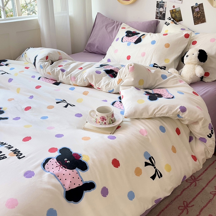 91家纺网 家纺一手货源 找家纺 星巴k家纺 2024新款A类超柔水洗棉印花四件套 波点小狗