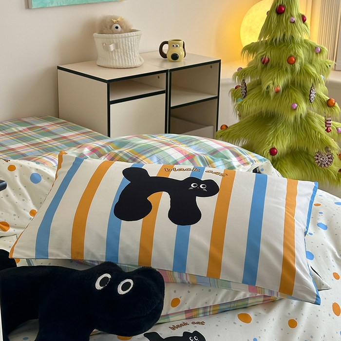 91家纺网 家纺一手货源 找家纺 2024新款40支13372全棉数码大版趣味系列四件套 波点黑猫