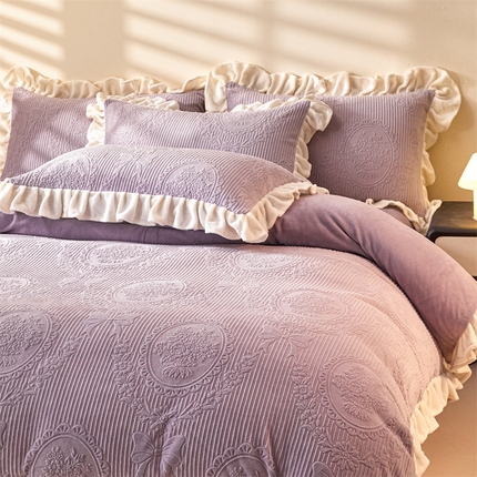 91家纺网 家纺一手货源 找家纺 2024新保暖-秋冬A类韩版婴肤绒提花四件套-玛丽夫人系列 玛丽夫人-玛莎紫