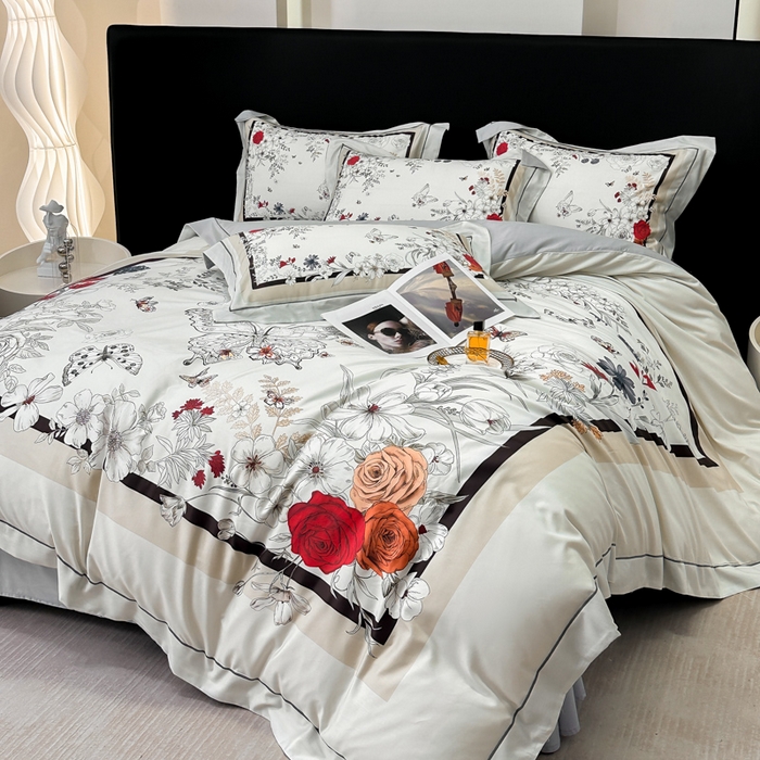 91家纺网 家纺一手货源 找家纺 舒慕 2025新款阳绒天丝棉磨毛数码印花缇芙绒四件套 樱花雨洛