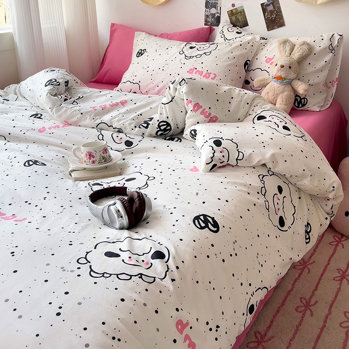 91家纺网 家纺一手货源 找家纺 星巴k家纺 2024新款A类超柔水洗棉印花四件套 小羊咩咩