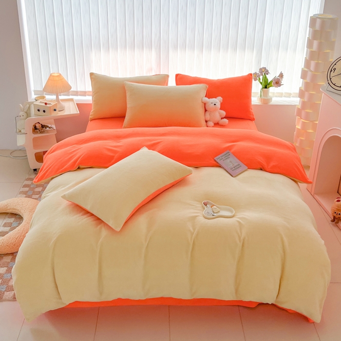 91家纺网 家纺一手货源 找家纺 言熙居 2024新款纯色双拼30克8一9斤牛奶绒四件套 奶黄拼艳橙