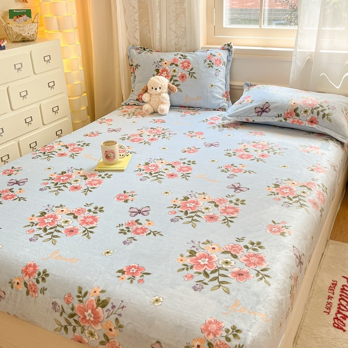 91家纺网 家纺一手货源 找家纺 川悦生活 2024新款加厚牛奶绒印花单床笠 床笠椿来花暖