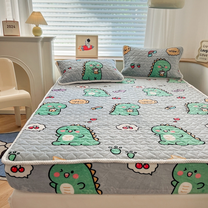 91家纺网 家纺一手货源 找家纺 孩子王 2024新款印花牛奶绒薄款床垫加厚绒保暖床护垫床笠 床笠款-萌萌恐龙