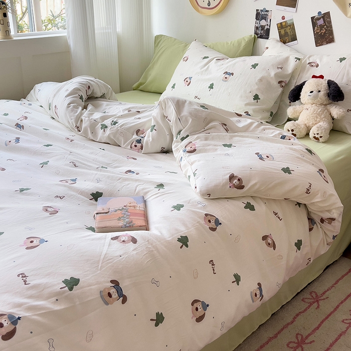 91家纺网 家纺一手货源 找家纺 星巴k家纺 2024新款A类超柔水洗棉印花四件套 森林小狗