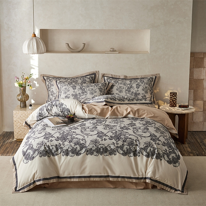 91家纺网 家纺一手货源 找家纺 2024新款全棉磨毛数码印花系列四件套 稚茶-灰