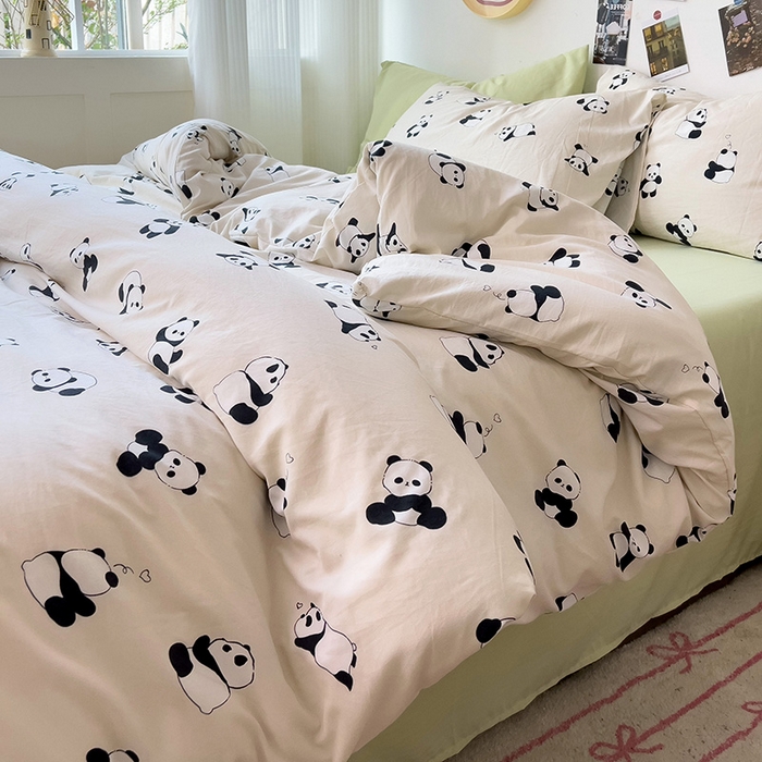 91家纺网 家纺一手货源 找家纺 星巴k家纺 2024新款A类超柔水洗棉印花四件套 熊猫团子