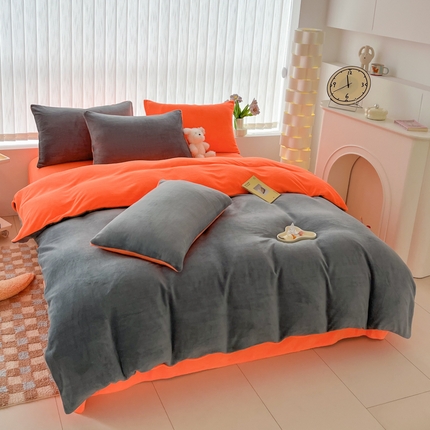 言熙居 2024新款纯色双拼30克8一9斤牛奶绒四件套 亮灰拼艳橙
