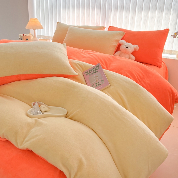 91家纺网 家纺一手货源 找家纺 言熙居 2024新款纯色双拼30克8一9斤牛奶绒四件套 奶黄拼艳橙