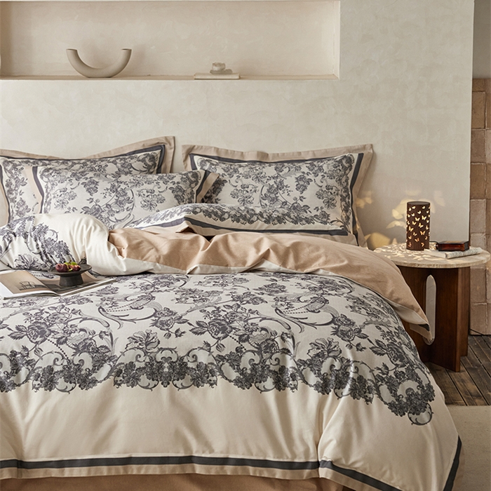 91家纺网 家纺一手货源 找家纺 2024新款全棉磨毛数码印花系列四件套 稚茶-灰