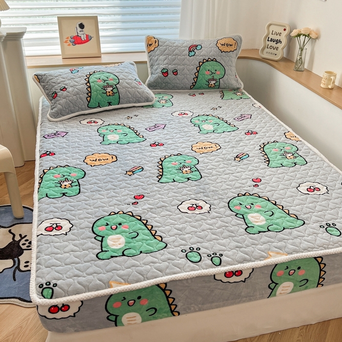 91家纺网 家纺一手货源 找家纺 孩子王 2024新款印花牛奶绒薄款床垫加厚绒保暖床护垫床笠 床笠款-萌萌恐龙