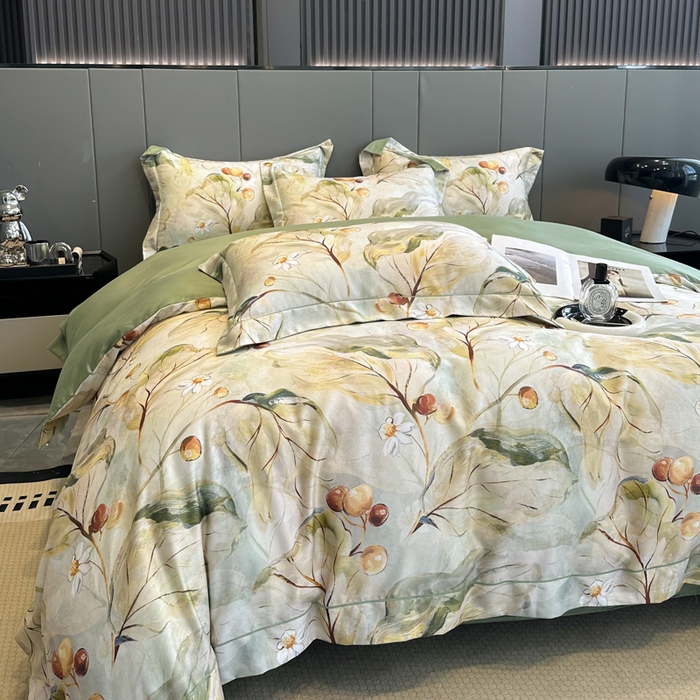 91家纺网 家纺一手货源 找家纺 舒慕 2025新款阳绒天丝棉磨毛数码印花缇芙绒四件套 盛夏果实