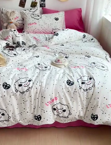 91家纺网 家纺一手货源 找家纺 星巴k家纺 2024新款A类超柔水洗棉印花四件套 小羊咩咩