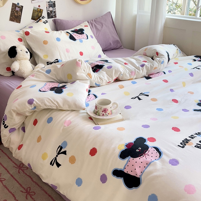 91家纺网 家纺一手货源 找家纺 星巴k家纺 2024新款A类超柔水洗棉印花四件套 波点小狗