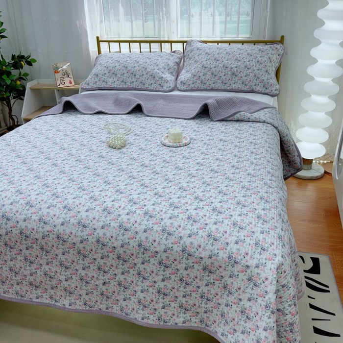 91家纺网 家纺一手货源 找家纺 2024新款棉加绒双面两用四季款床盖三件套 紫町花