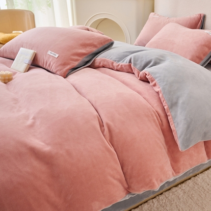 晨曦 2024秋冬新品ins简约风牛奶绒双拼四件套 豆沙+浅灰