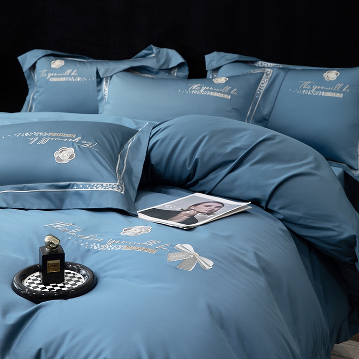 91家纺网 家纺一手货源 找家纺 绒博士 2024新款160支长绒棉四件套-巴黎之约 星耀蓝