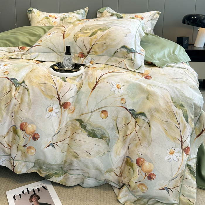 91家纺网 家纺一手货源 找家纺 舒慕 2025新款阳绒天丝棉磨毛数码印花缇芙绒四件套 盛夏果实