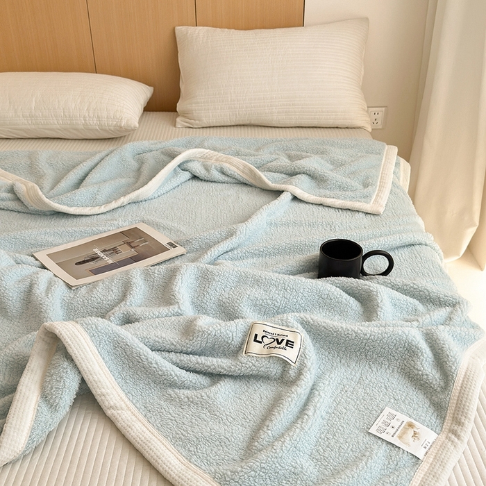 91家纺网 家纺一手货源 找家纺 沐棉 2024新款牛奶绒菠萝格包边羊羔绒泰迪绒毛毯-静物图 湖蓝色