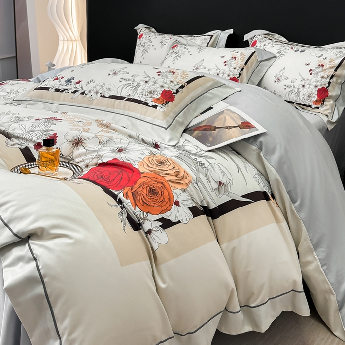 91家纺网 家纺一手货源 找家纺 舒慕 2025新款阳绒天丝棉磨毛数码印花缇芙绒四件套 樱花雨洛