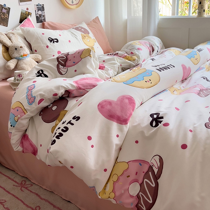 91家纺网 家纺一手货源 找家纺 星巴k家纺 2024新款A类超柔水洗棉印花四件套 微笑甜甜圈