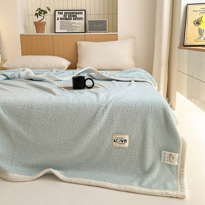 91家纺网 家纺一手货源 找家纺 沐棉 2024新款牛奶绒菠萝格包边羊羔绒泰迪绒毛毯-静物图 湖蓝色